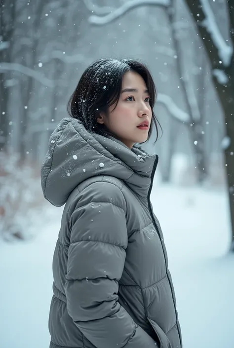  winter forest where its snowing a lot.  Short medium length hair . A realistic beautiful Korean woman in her 50s wearing a down jacket in a . Snow blowing in the wind.
