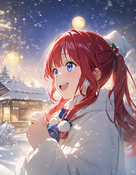 Age 23，        girl、            redhead、            long hair，            ponytail，      earrings for a single woman  ，        upper body， smile ，  意地悪なsmile，Anime Images，winter，    excited ，  girlの部屋の中，Santa hat， blue eyes，Looking slightly to the left