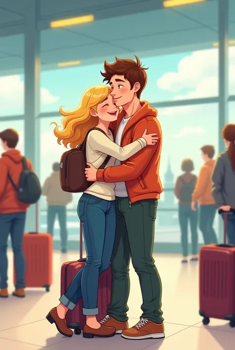 Blonde woman She hugs her boyfriend, a little taller than her at the airport 
He has brown hair 
Cartoon 