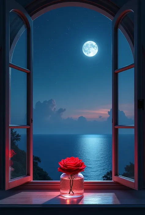 The wide frame of a beautiful wide window, fully open, overlooking the sea and with a panoramic view of a starry night sky, a beautiful moon in the sky., on the window ledge ,  you can see a beautiful glass container filled with crystal clear water inside ...