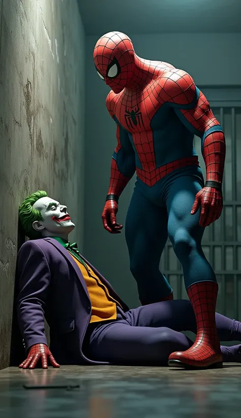 Joker sprawled in the slammer by burly high-bodied Spiderman. realistic 3d 