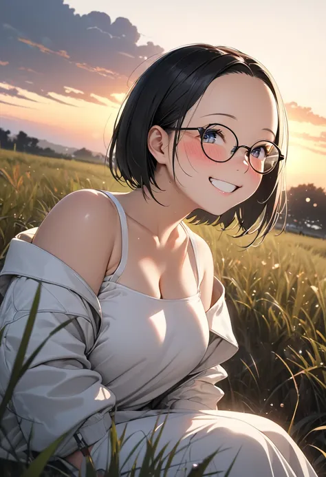 RAWphoto,photorealistic,8k16k,best quality,perfect anatomy,perfect detailed,ultra highres, extremely detailed eyes and face,gleaming skin,shiny skin,1girl,Japanese,black short hair,pixie cut, (wearing glasses:1.3),(parted bangs,forehead:1.2),round face,med...