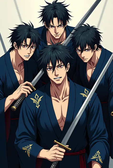  Male anime characters , 5 men,  with a psychopathic and mockery expression,  wearing a dark blue kimono with gold details on the fabric, Holding some swords 