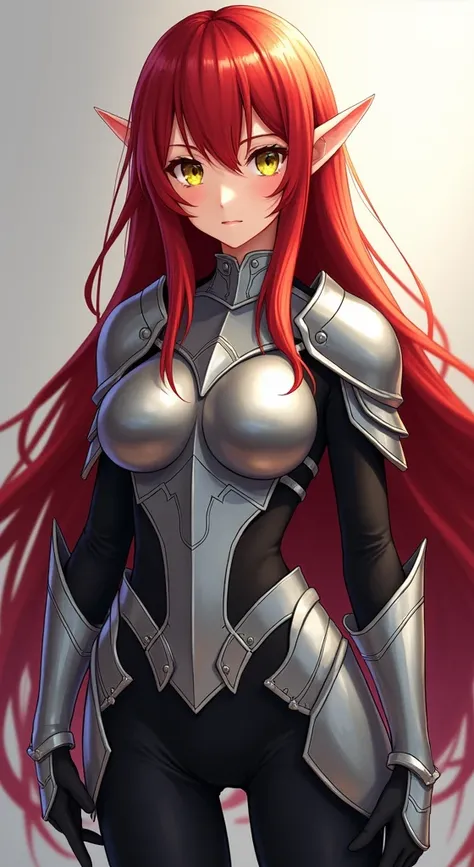 (work of art, Maximum quality, best qualityer, offcial art, beautiful and aesthetic:1.2) Anime Female Elf, Long Red Hair, Yellow Eyes, Silver Armor, Black Clothes, Black Pants.