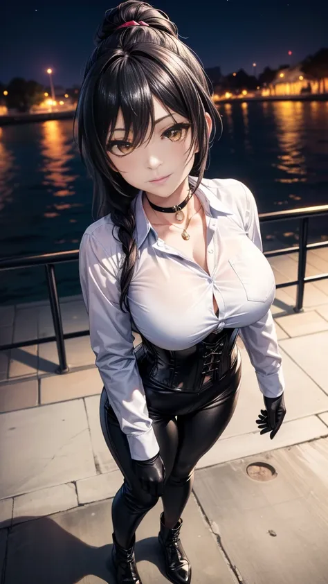 (Yaedef :1.4), 8K, highres,  ultra detailed , ( Masterpiece:1.4),  Best Quality , Sakuya Shirase, symmetrical body, beautiful, Alone, standing,  dynamic pose ,  seen from above,  looking at the spectator , Tender smile, long ponytail black hair,  detailed ...