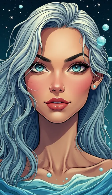 A vibrant comic book-style image focusing on the face of an adult American woman symbolizing Cancer. Her expression is warm and protective, with captivating eyes that exude empathy and strength. Her hair cascades like ocean waves, subtly glowing with hints...