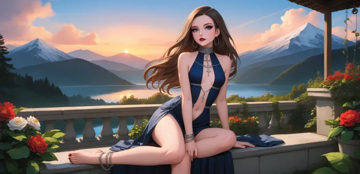 Woman Sitting on a Murretta, sunset, take the key, dark sky, dark blue dress, silver jewelry,  low lighting,  depth of field,  Dark Brown Hair, long hair in the wind, braless, whole body, collar with silver crucifix, hoop earring, silver rings ,  Silver Br...