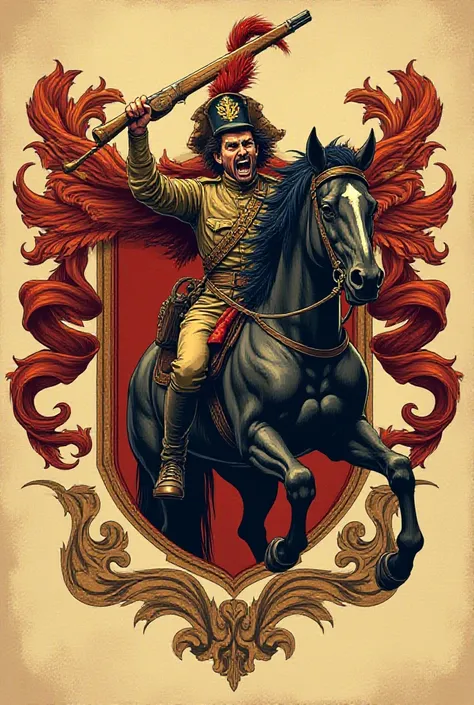 Create a coat of arms of a screaming soldier with a rifle mounted on his whining horse 