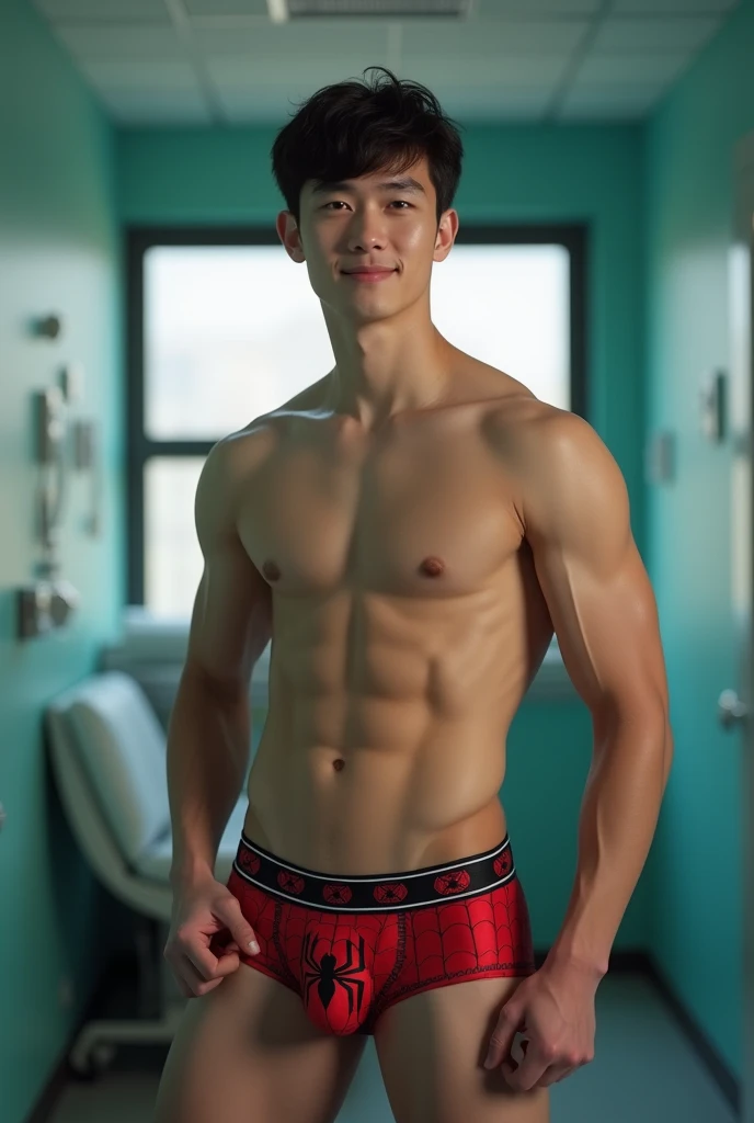 Handsome Chinese Teen Model, 4k, high resolution, best quality, masterpiece, perfect color, perfect shadow, perfect lighting, Posted by e621, ((portrait)), ((handsome man)), handsome and perfect Chinese teen figure, Wearing Spiderman underwear, Detailed sh...