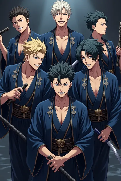  Male anime characters , 5 men,  with a psychopathic and mockery expression,  wearing a dark blue kimono with gold details on the fabric, Holding some swords , of different faces 