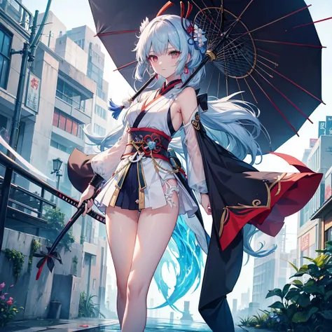   Close up of a person holding an umbrella in the street, Inspired by Bo Hua,  Ayuka Genshin Impact ,  Xianxia Full Body ,  Ayaka Jinshin Impact ,  Katana Zero Video Game Character ,  blade and spirit ,  Inspired by Yang Jin ,  as a character in Tekken , F...