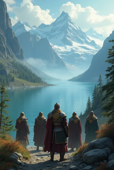  A mystical northern landscape — mountains , forest and sea .  Energetic music can be heard in the background.  Vikings appear in the frame ,  preparing for a journey . They are wearing ornate metal underwear 