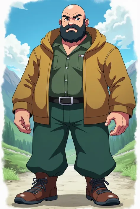  Caucasian male without hair , short black beard ,  sturdy Pokemon trainer .  The drawing style must be identical to the characters in Pokemon ,  plus the man must have a pose worthy of a respected Pokemon trainer 