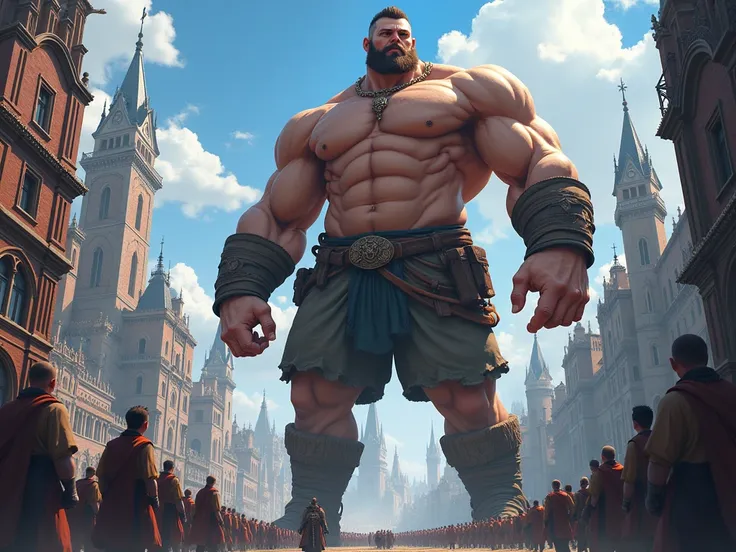 anime, muscular giant, Medieval civilian clothing, Medieval fantasy city.