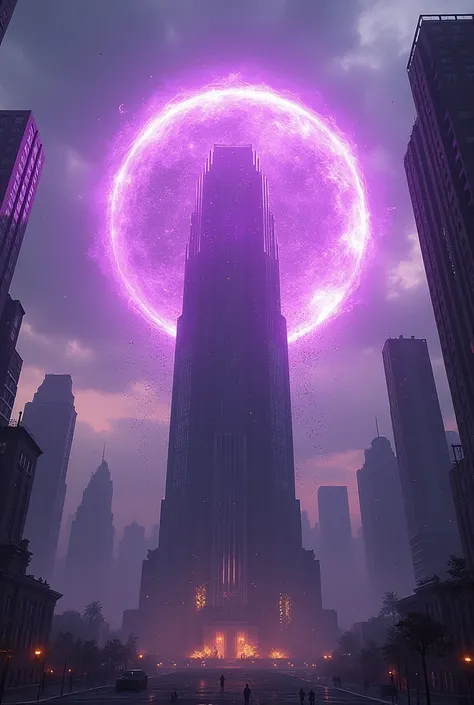 Flying glowing purple orb projected at full speed disintegrating a building