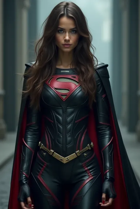 Hot joung Girl, 21 Years old, Long brown hair, blues eyes,  A powerful and intimidating young woman wearing a dark costume with strong authoritarian and superhero influences .  The costume is predominantly black ,  with dark gray details and red edges with...