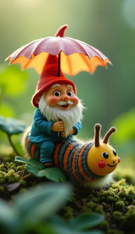 Hyper-realistic macro photograph of a cheerful garden gnome sitting atop a fuzzy caterpillar, holding a tiny umbrella made from a flower petal. The caterpillar’s stripes and soft texture stand out against a lush green background of leaves and morning mist....