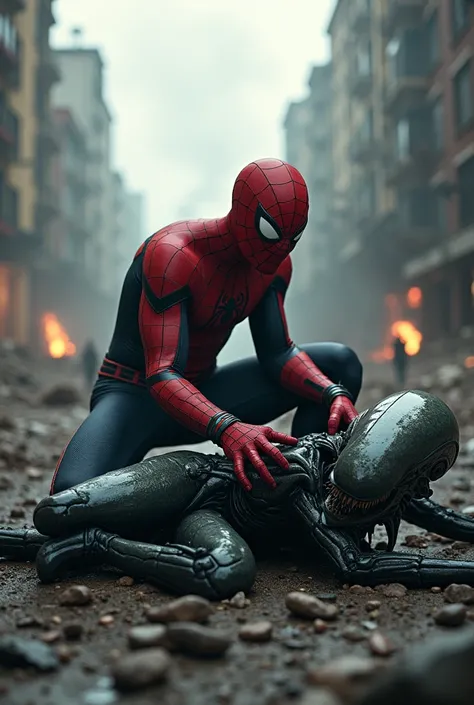 "An intense battle scene in a post-apocalyptic cityscape. Spider-Man, wearing a battle-worn version of his iconic suit with a futuristic twist, kneels victoriously over a defeated Xenomorph. The alien creatures biomechanical design, with sharp edges, sleek...