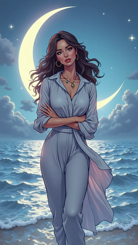 A mystical comic book-style image of an adult American woman symbolizing Cancer, dressed in a modest yet stylish ensemble, such as a flowing blouse with an elegant skirt or pants that show her legs gently. Her expression is tender and protective, exuding C...