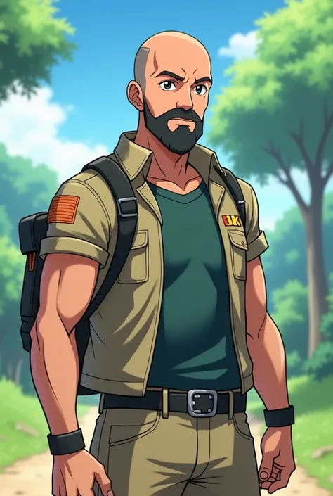  Caucasian male without hair , short black beard , Not as sturdy but not as thin Pokemon trainer.  The drawing style must be identical to the characters in Pokemon ,  plus the man must have a pose worthy of a respected Pokemon trainer 