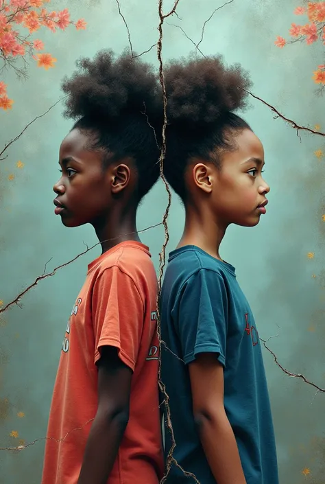 Create an image Depict the twins standing back-to-back in a mirror, with one half of the mirror showing a vibrant, colorful world (representing Charlies Black identity and community) and the other side appearing cold and monochromatic (representing Magnoli...