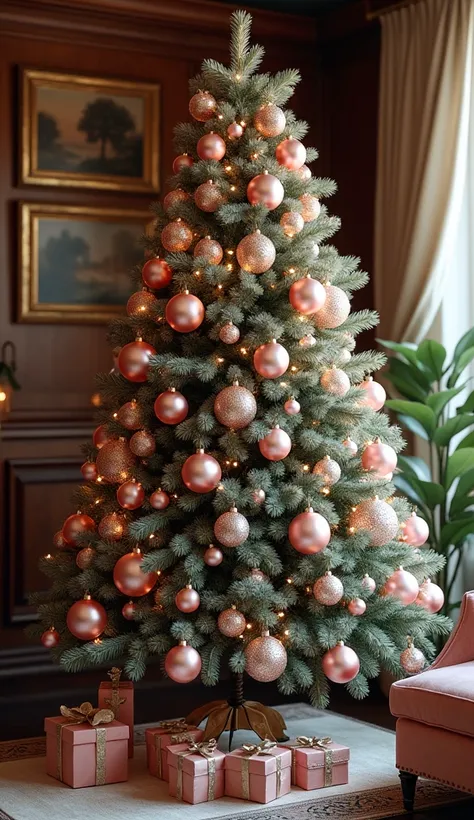 pink christmas ornaments、 Christmas tree、Stylish、 antique interior、 real