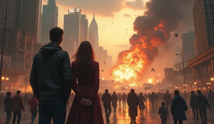 Shocked couple looking people running out the city falling and cars crashing behind the city 16 on the sky counting 