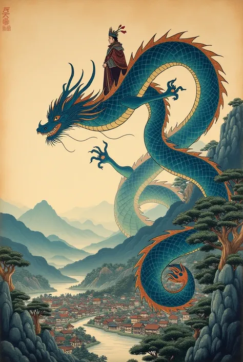 ancient Japanese painting on a scroll of a blue dragon flying over a Japanese village with a king riding on its back