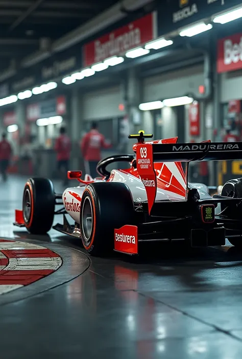 MacLaren Formula  93 Making the Curve with the sponsorships of MADUREIRA RESTAURANT. You need to highlight the side of the car.  See the car standing in the garage
