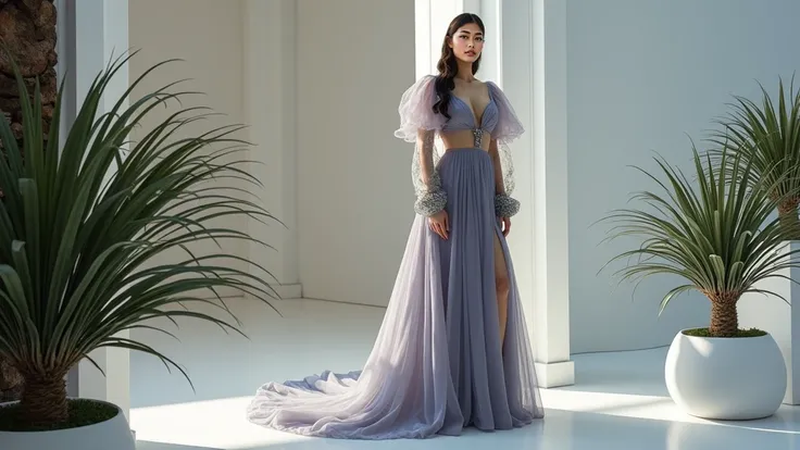 Create a high-resolution image of a sophisticated Beautiful Asian 20 years old Woman, almond skin color,Hooded Eyes, thick eyebrow, purple color Beach Waves hairs,her name is Sonam Kapoor Bae Suzy, wearing an elegant haute couture gown. The gown features v...