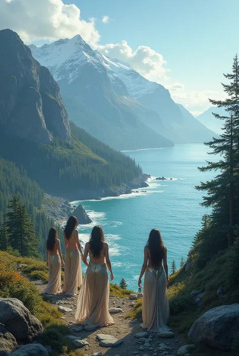   A mystical northern landscape — mountains  , forest and sea  .   Energetic music can be heard in the background .   Wking women appear in the frame  ,  travel preparation  .  They are wearing exquisite metallic underwear 