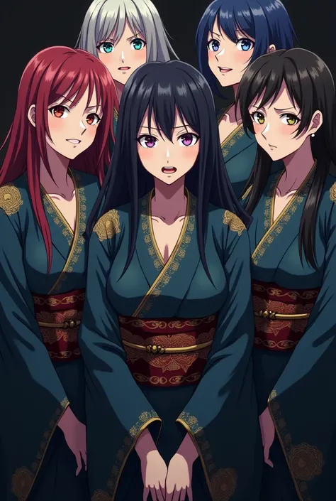  Female anime characters, 5 mature women,  with a psychopathic and mockery expression,  wearing a dark blue kimono with gold details on the fabric