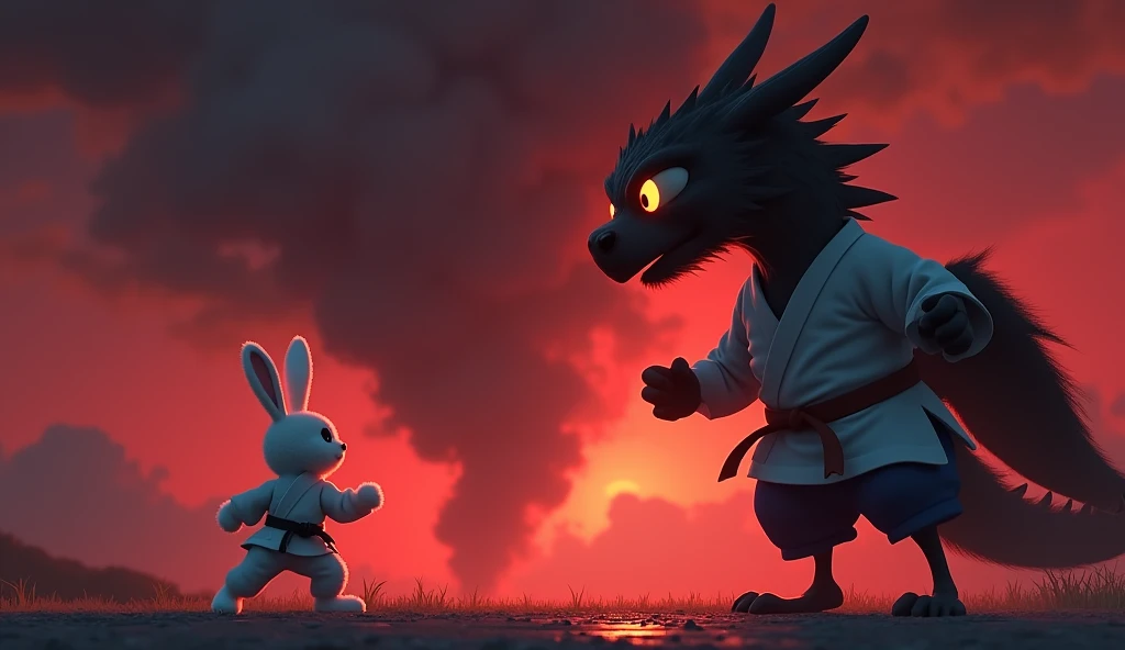 124)  with the wind ,  3D Pixar style ,  showing that the rabbit returned to the village after defeating the Red Dragon : Night sky，The sky glows an eerie red，It illuminates the entire dark space。A strange black cloud looms，The light from the black dragons...