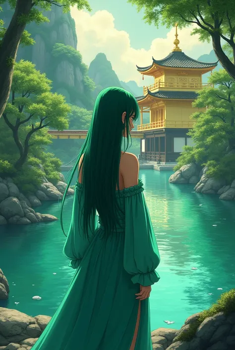 The cover of the book ( anime style) Show a 20-year-old woman with her back and hair up to her neck painted emerald green .  The background, a forest with a turquoise lake and the golden temple ,  illuminated by soft, bright light and mysterious shadows . ...