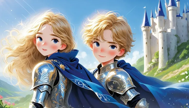 Rough texture，Hand-drawn style：Prince Fabian is a handsome young man, with golden hair shining like the morning sun, bright blue eyes as a clear sky. He has a sharp face full of determination and tenderness. In terms of dress, he wears a shiny steel armor ...