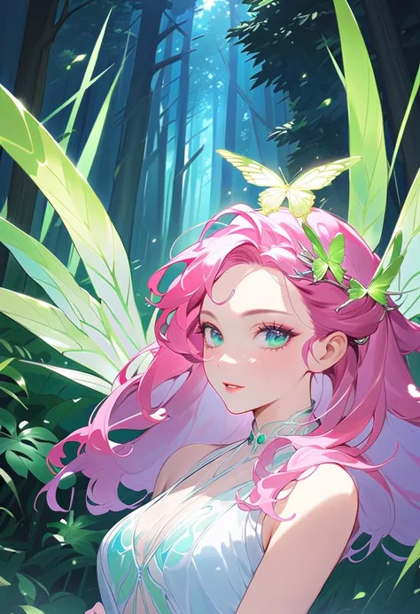 This character is a woman with a magical aura, mature and beautiful, seductive lips. She has long, shiny, bright pink hair and a butterfly-shaped glass clip accessory on her head. Her sharp green eyes were shining, she was wearing a short dress above the k...