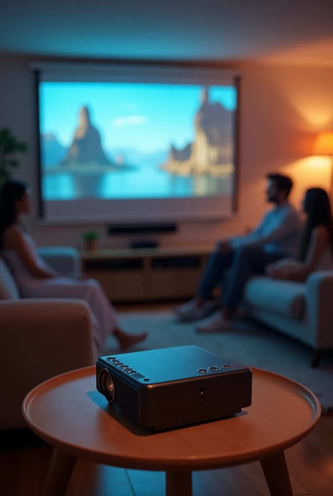 "A sleek, compact portable mini projector placed on a small table in a cozy living room. The projector is casting a bright, clear image on a wall, showing a movie scene with vibrant colors. The room has modern furniture, soft lighting, and a relaxed atmosp...