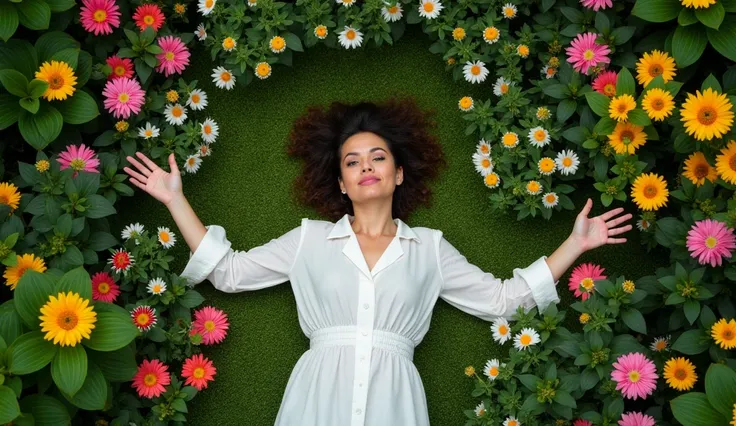 Top-down view of a woman lying down in a lush garden filled with vibrant flowers and greenery. Her arms are stretched out to the sides, and shes surrounded by blooming plants and soft grass, creating a peaceful and colorful scene. The camera angle is direc...