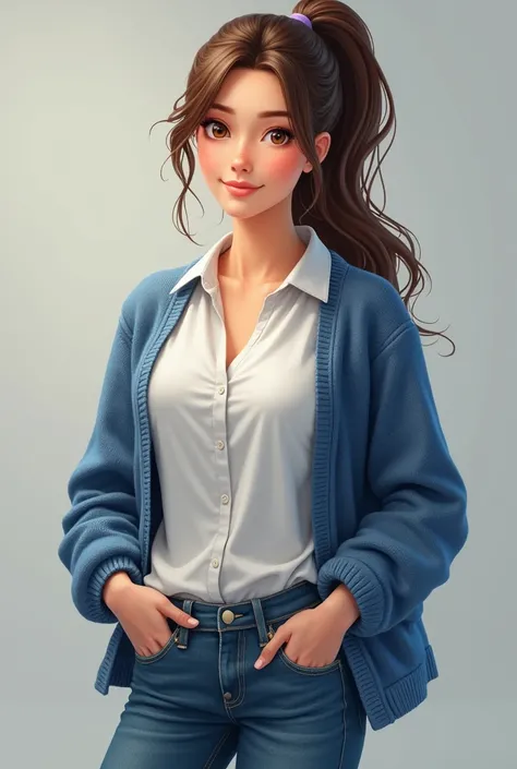 Teacher with sided pony she has brown hair color brown eyes she is wearing a blouse and a knitted jacket in blue she is wearing jeans pants 