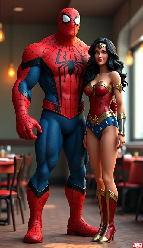 Big tall burly spiderman along with beautiful wonderwoman in resto standing facing towards viewer with happy face look. realistic 3d  