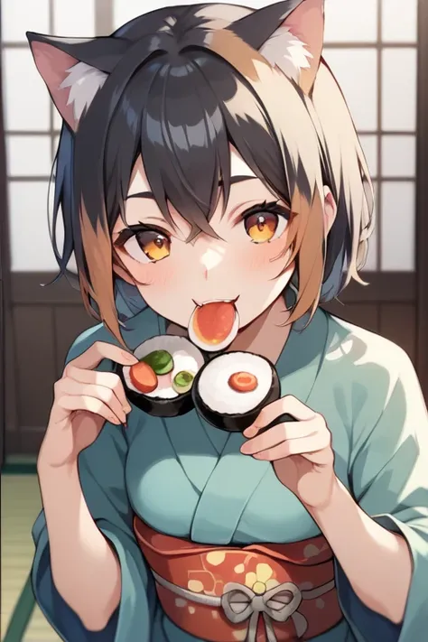 score_9, score_8_up, score_7_up, score_6_up, score_5_up, Anime BREAK，nsfw，  top quality ，masterpiece，(  detailed biography :1.2)， fisheye lens ，Calico cat in kimono is eating sushi，