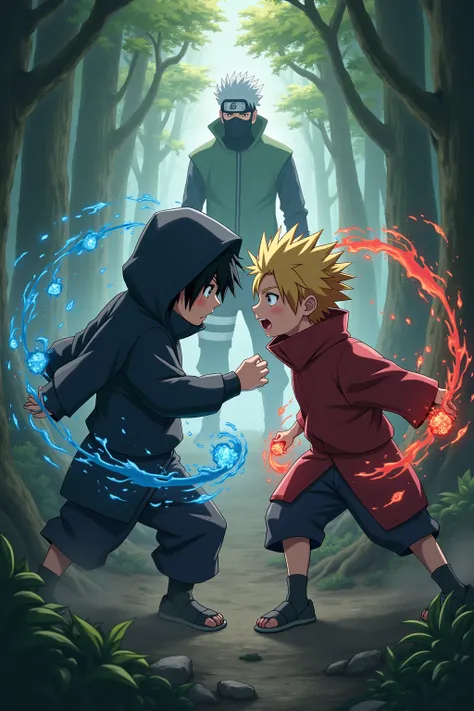 2 anime teenagers in a forest one is uchiha bloodline in a hoodie and the other blonde with red tipped hair fighting kakashi hatake wearing a japaneese porcelain mask.

Chakra aura intense 