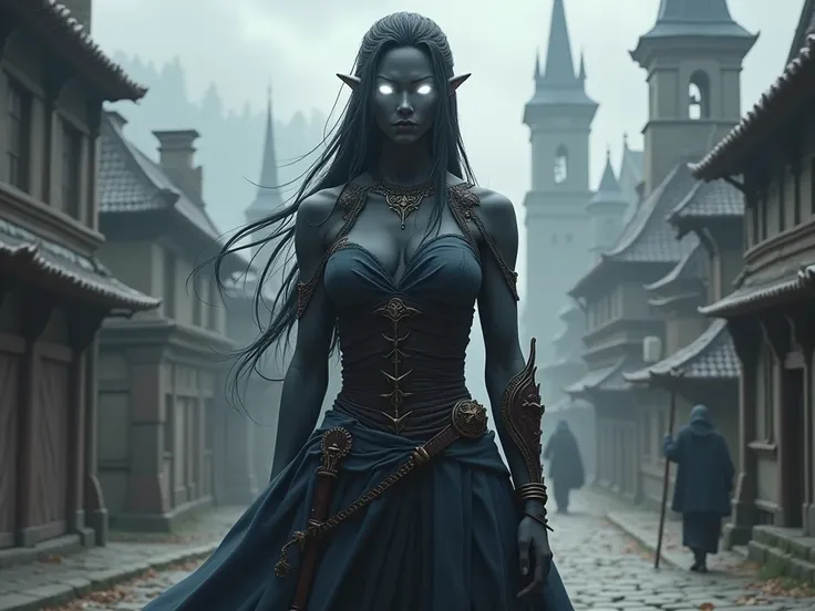 anime, tall, muscular woman , dark gray skin ,  white eyes without pupils, Medieval civilian clothing, Medieval fantasy city.