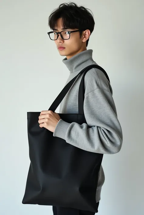 Fashion photos in the studio. The SXR brand features a handsome Korean model, skinhead hair, a cute figure, a silver turtleneck, wearing fashionable sports glasses, a plain black tote bag. The strap is black like a tall black bag. 14*16 inch, showing off t...