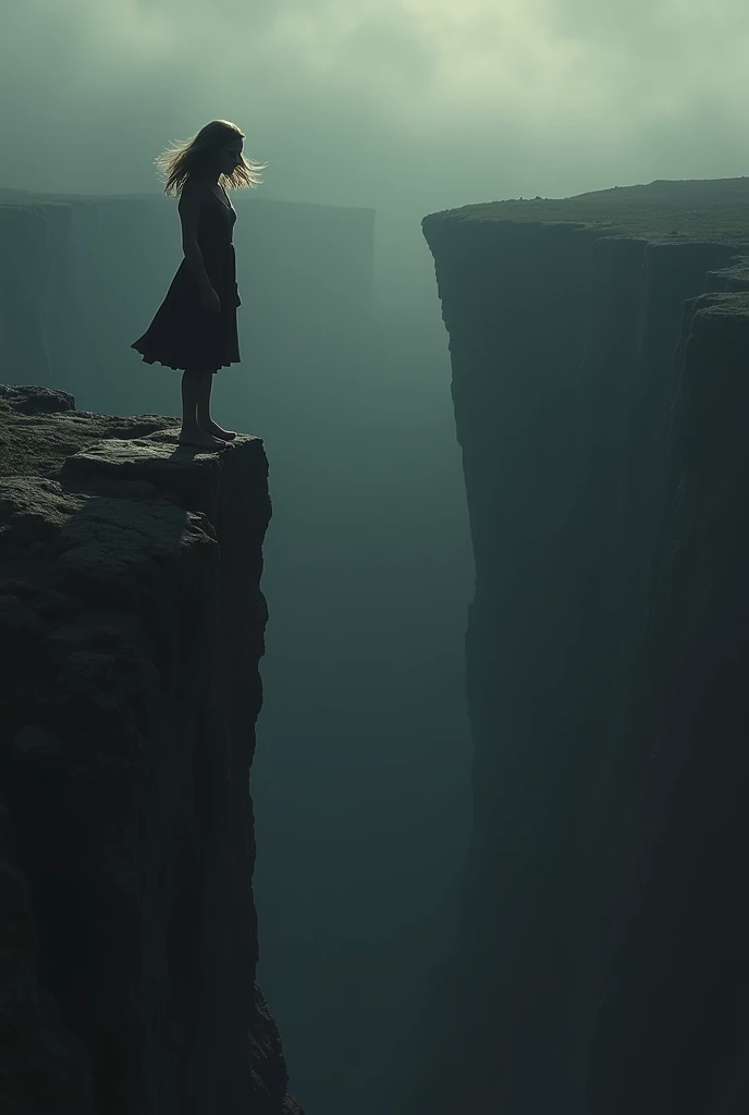 The situation of a girl who is on the edge of an abyss in black and gray tones like a movie poster  