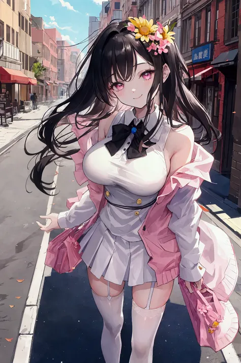 (super detailed:1.2, masterpiece:1.2, best quality:1.2, high res:1.2), Black hair, pink eyes,  big boobs, white off shoulder,  Miniskirt , White stockings,  Im hanging a bag on my arm,  Im putting my arms around a man ,  Im putting on someone elses arm, Im...