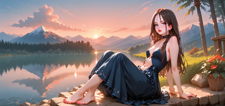 Woman sitting on a wall,  open legs , up skirt, pantieless, sunset, take the key, dark sky, dark blue dress,  long dress , silver jewelry,  low lighting,  depth of field,  Dark Brown Hair, long hair in the wind, braless, whole body, collar with silver cruc...