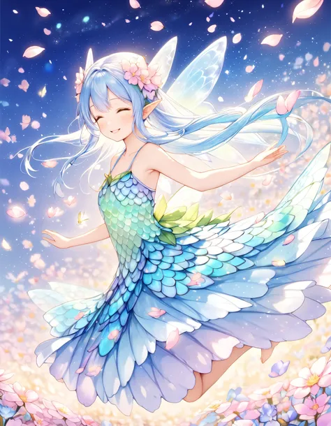  Light Blue Long Hair 、 Beautiful Girl with Twin Tails 、smile、Tinkerbell、Beautiful flower field、(((  fairy scales on the petals  :1.7、  Petals dance after the fairy flies、Petals flying in the sky:1.7)))、  Perfect Anatomy 、Little fairy、  amazing illustratio...