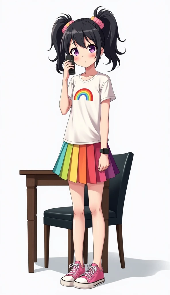 Animated adolescent woman with black hair and purple eyes with two pigtails in her hair and wearing a white t-shirt, short sleeves with a rainbow logo in the middle of her chest and with a black watch, and wears a horizontal rainbow skirt and also a pink s...