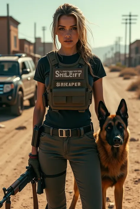 Fais moi une image de photo de profil montrant une femme bcso portant un gilet par balle ayant écrit dessus under shériff puis écrit en dessous Mia Reaper. Avec un fond de désert et une voiture de sheriff, une ville abandonné . Elle a un malinois a côté qu...